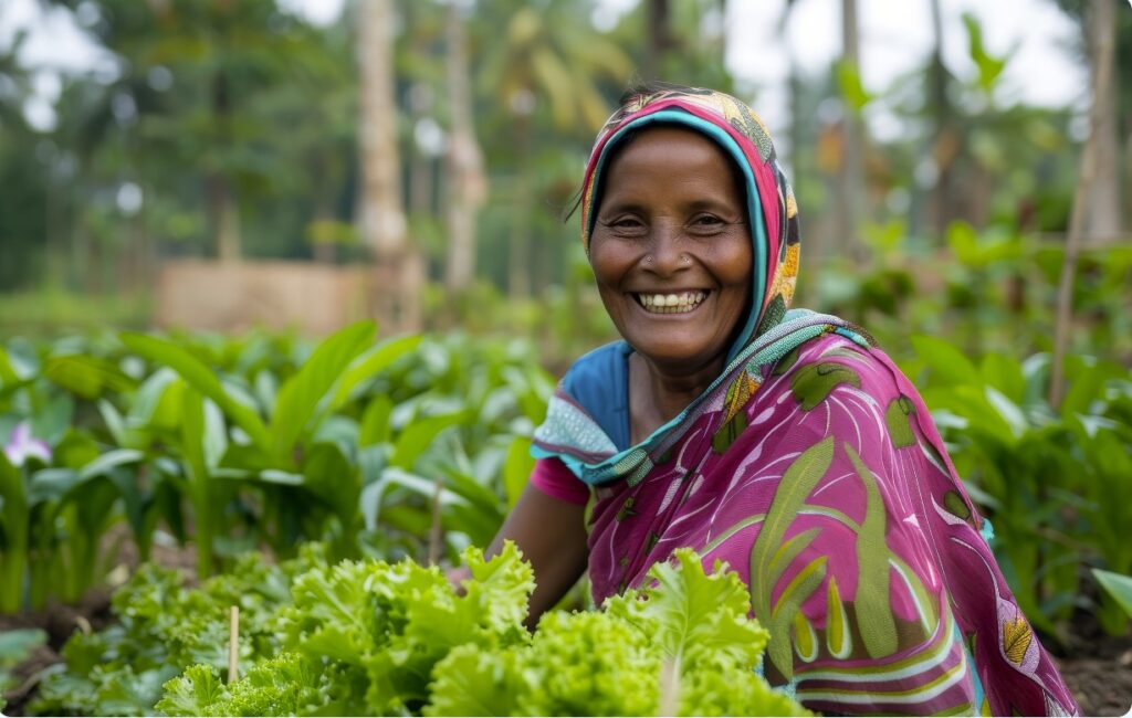 This is a close-up shot of a smiling woman sitting amidst lush green leafy plants in what appears to be a garden or agricultural setting. She is wearing a colorful headscarf with pink, green, and yellow patterns, and a blue top underneath. A vibrant pink shawl or sari with large green leaf-like designs is draped over her shoulders. Her skin tone appears to be medium to dark. The background is softly blurred, suggesting more greenery and possibly some trees, indicating an outdoor environment. The overall lighting suggests it is daytime.